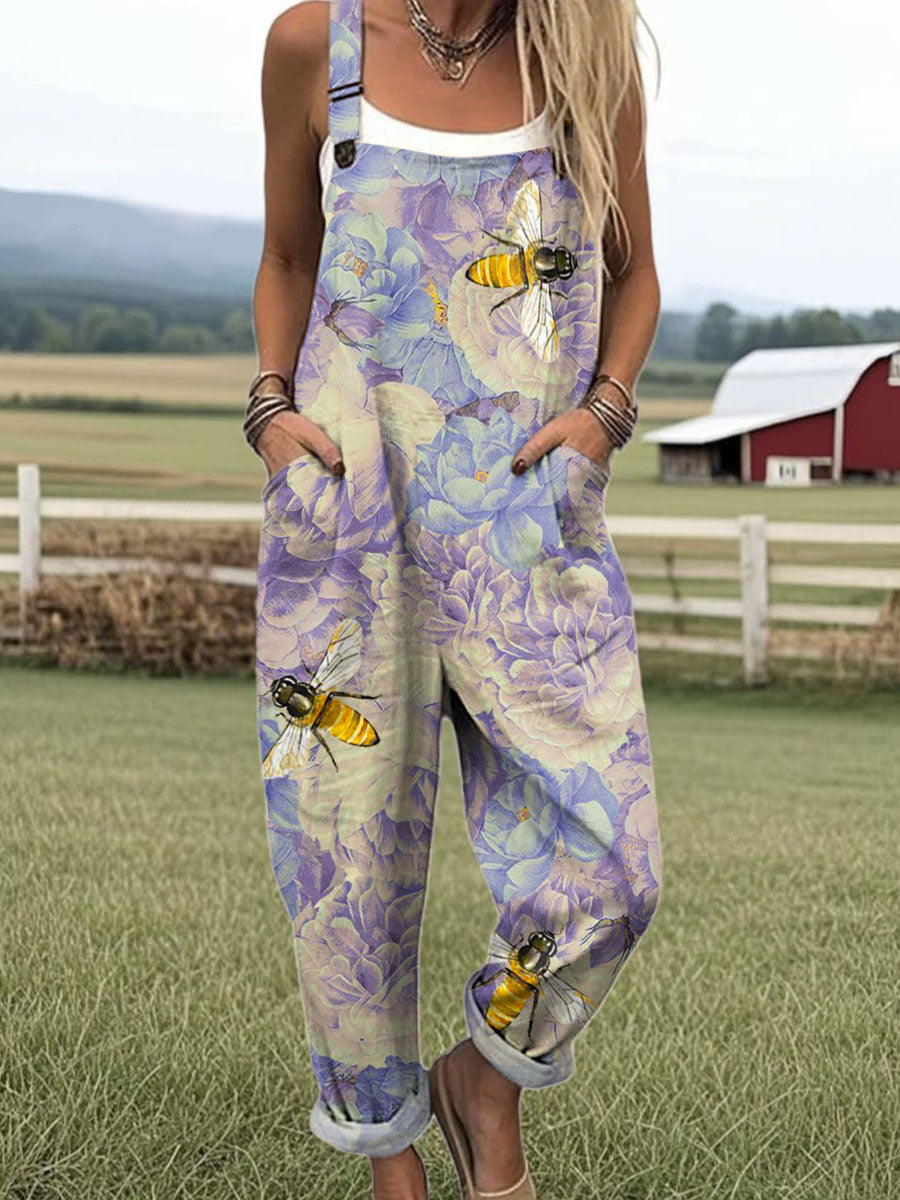 Women's Lovely Floral Bees Art Print Casual 100% Cotton Wide Leg Jumpsuit