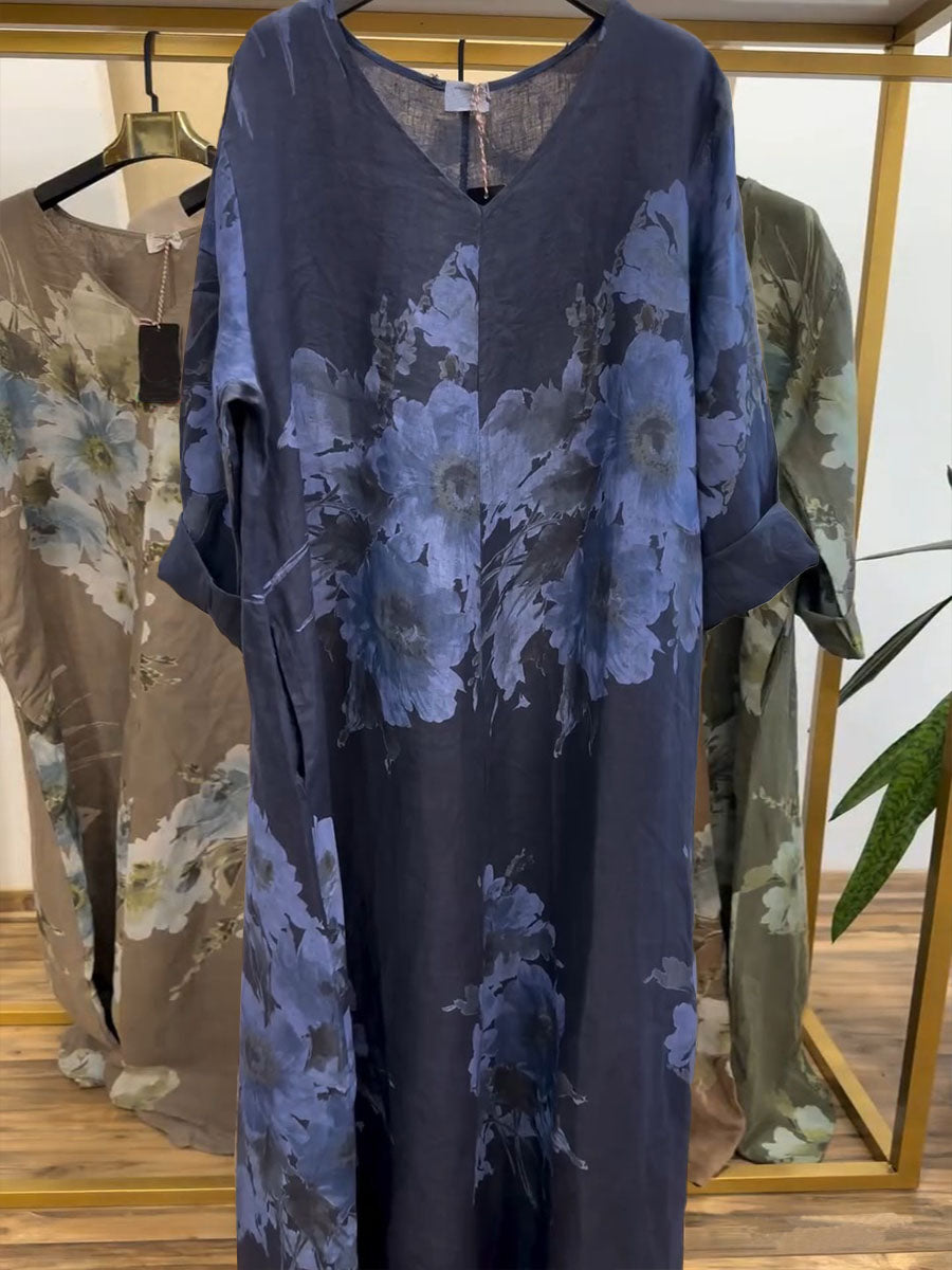Women's V-neck Long Sleeve Casual Loose Retro Printed Cotton and Linen Dress