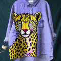 Leopard Art Printed Women's Casual Cotton And Linen Shirt