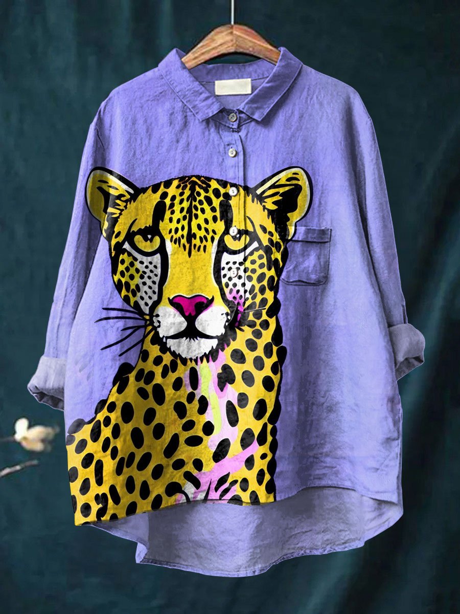 Leopard Art Printed Women's Casual Cotton And Linen Shirt