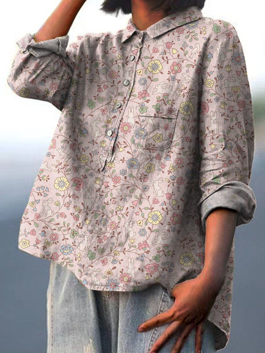 Bunny In Spring Field Seamless Repeat Pattern Printed Women's Casual Cotton And Linen Shirt