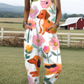 Women's  Flower Dog Print Casual 100% Cotton Wide Leg Jumpsuit