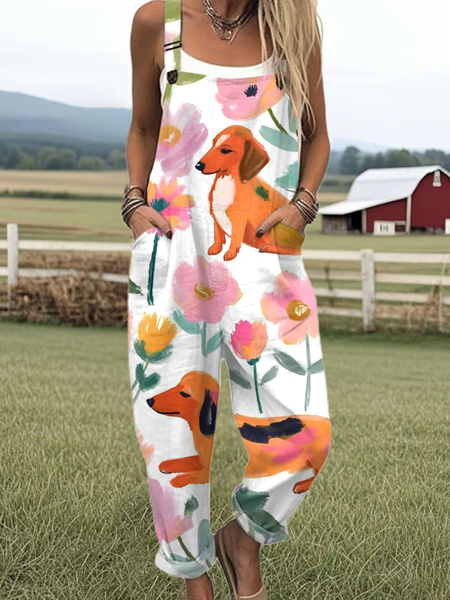 Women's  Flower Dog Print Casual 100% Cotton Wide Leg Jumpsuit