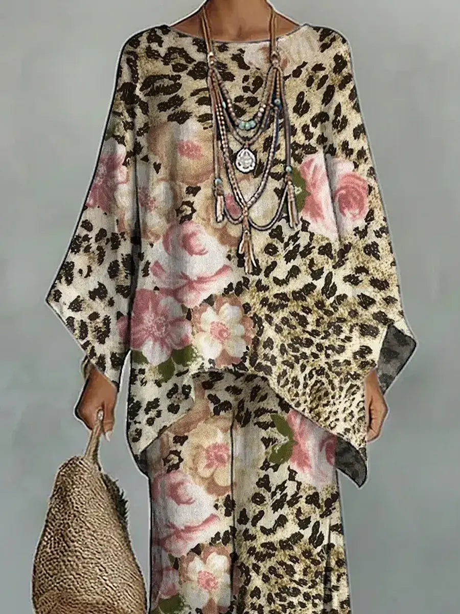 Women's Vintage Leopard Floral Art Comfortable Loose Cotton Linen Wide-leg Pants Two-piece Set