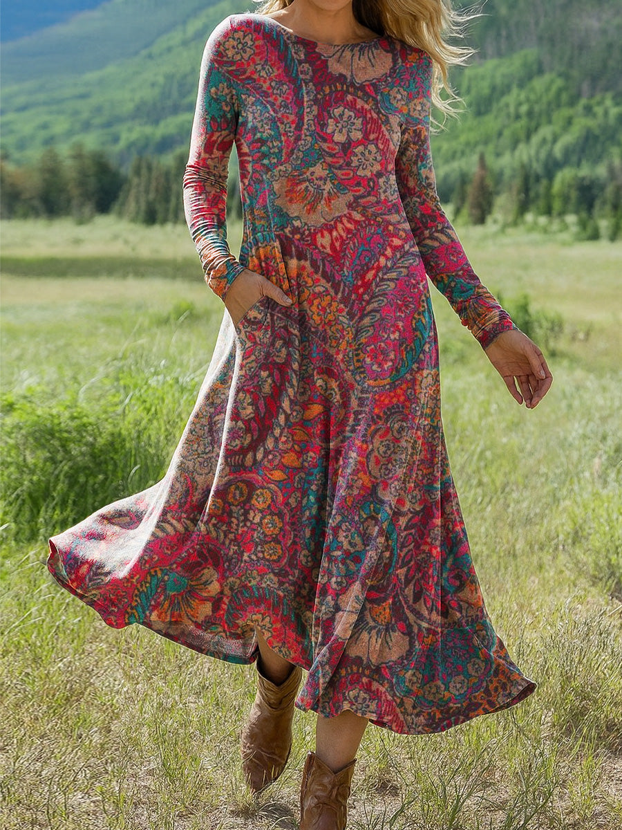 Women's Beautiful Ethnic Paisley Art Print Long-sleeved Dress