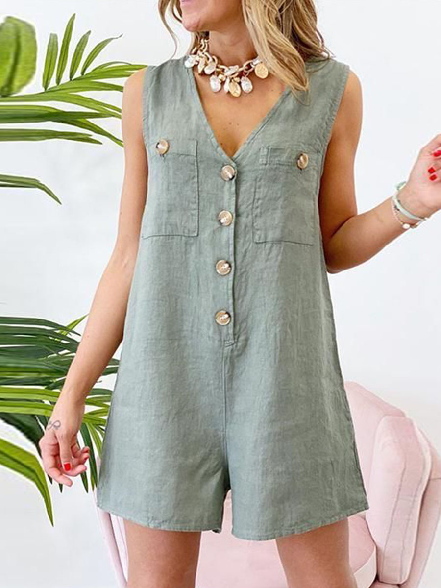 Women's Solid Color V-Neck Sleeveless Loose Linen Vest Wide Leg Jumpsuit Shorts
