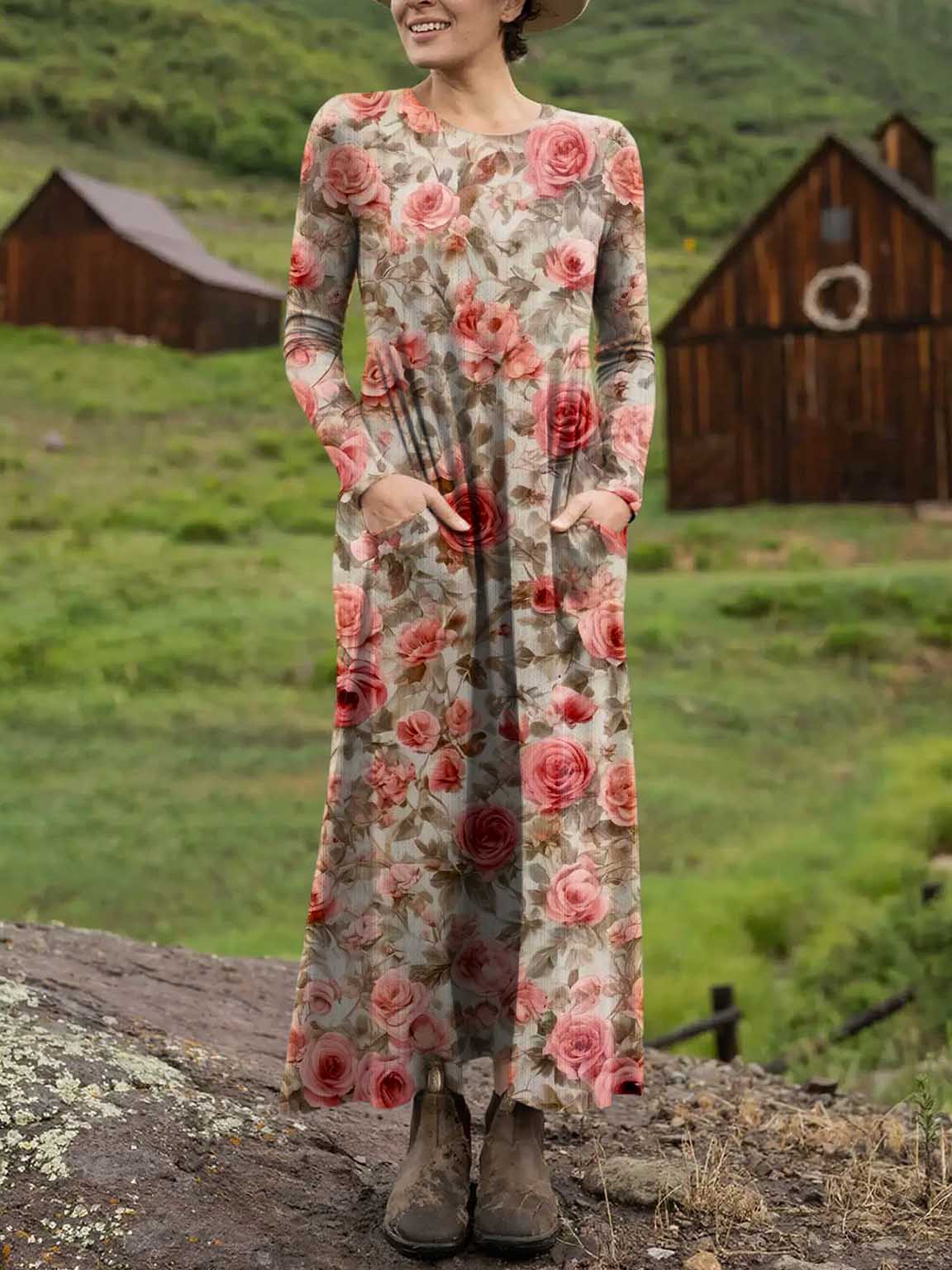 Women's Floral Art Print Casual Long-sleeved Dress