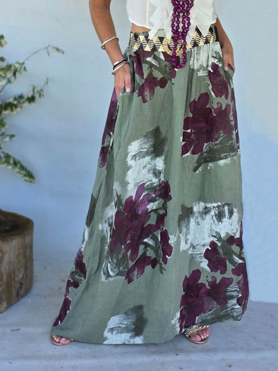 Women's High Waist Retro Print Casual Cotton and Linen A-Line Skirt