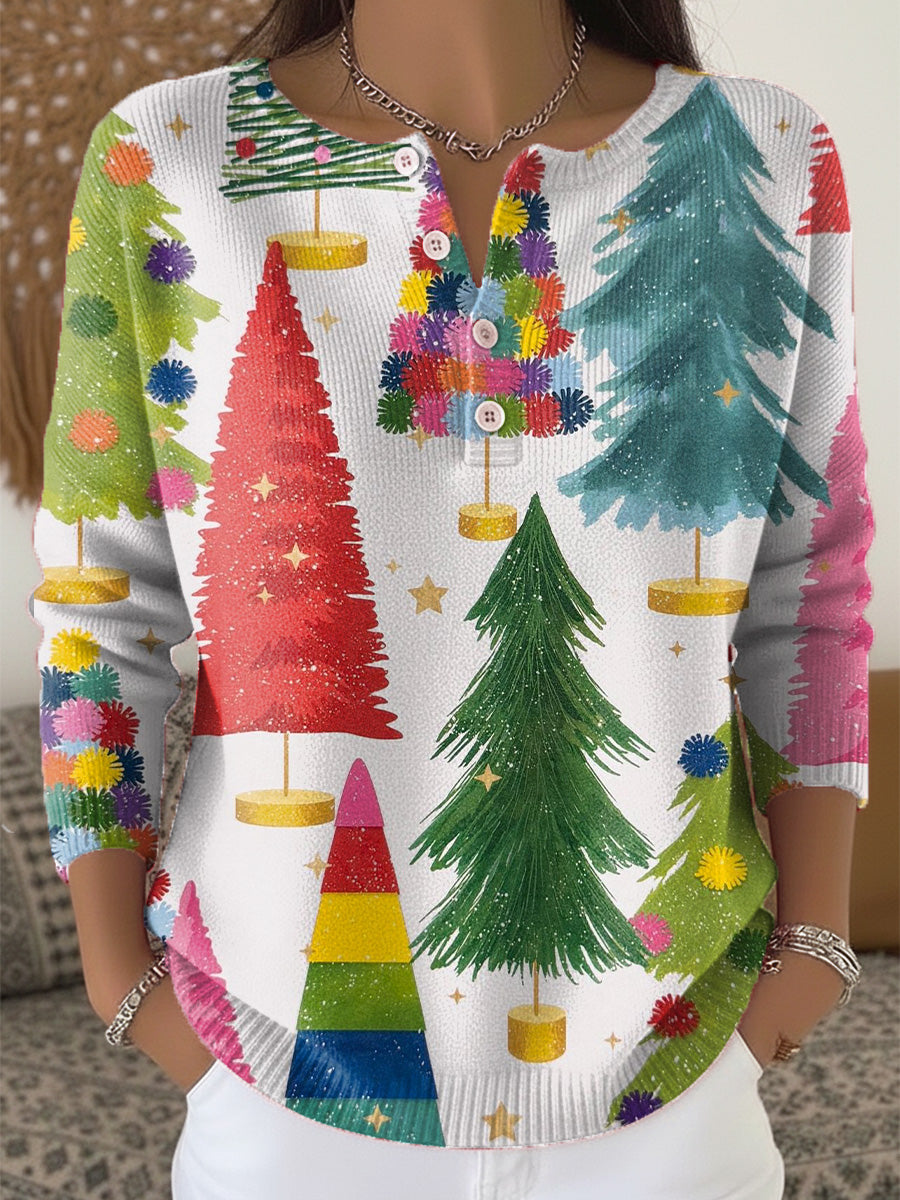 Beautiful Colorful Christmas Tree Painting Art Print Buttoned Cardigan Sweater