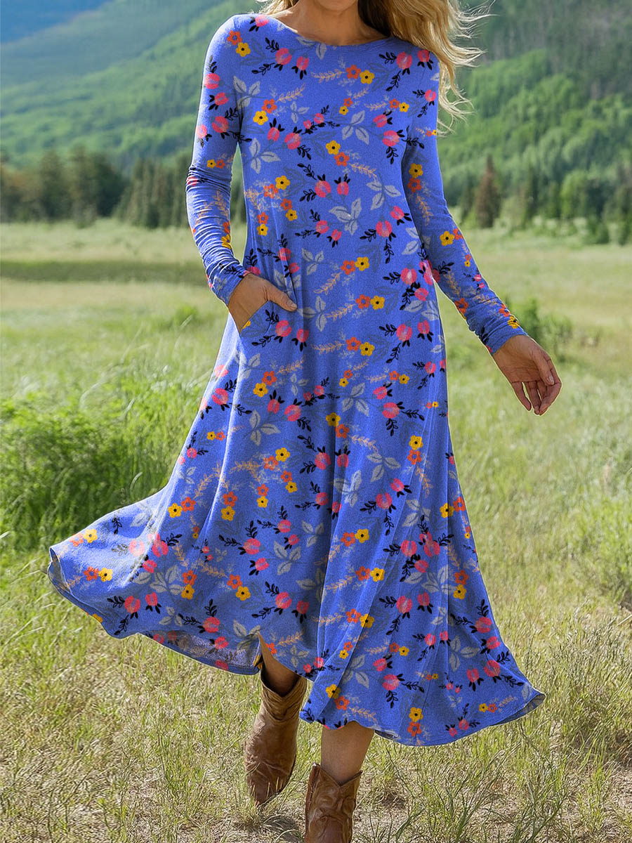 Women's Retro Floral Art Print Long-sleeved Dress
