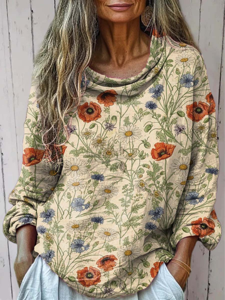 Women's Vintage Floral Art Print Casual Long Sleeve Comfortable Cotton Shirt