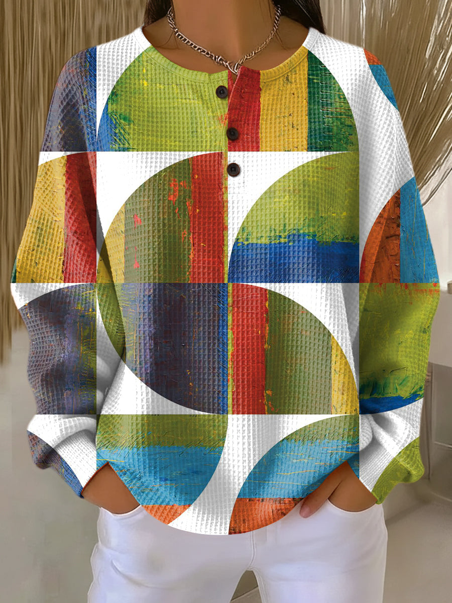 Women's Abstract Geometric Color Block Painting Art Print Casual Cotton Sweatshirt