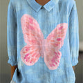 Women's Blue Butterfly Print Casual Cotton And Linen 3/4 Sleeve Shirt