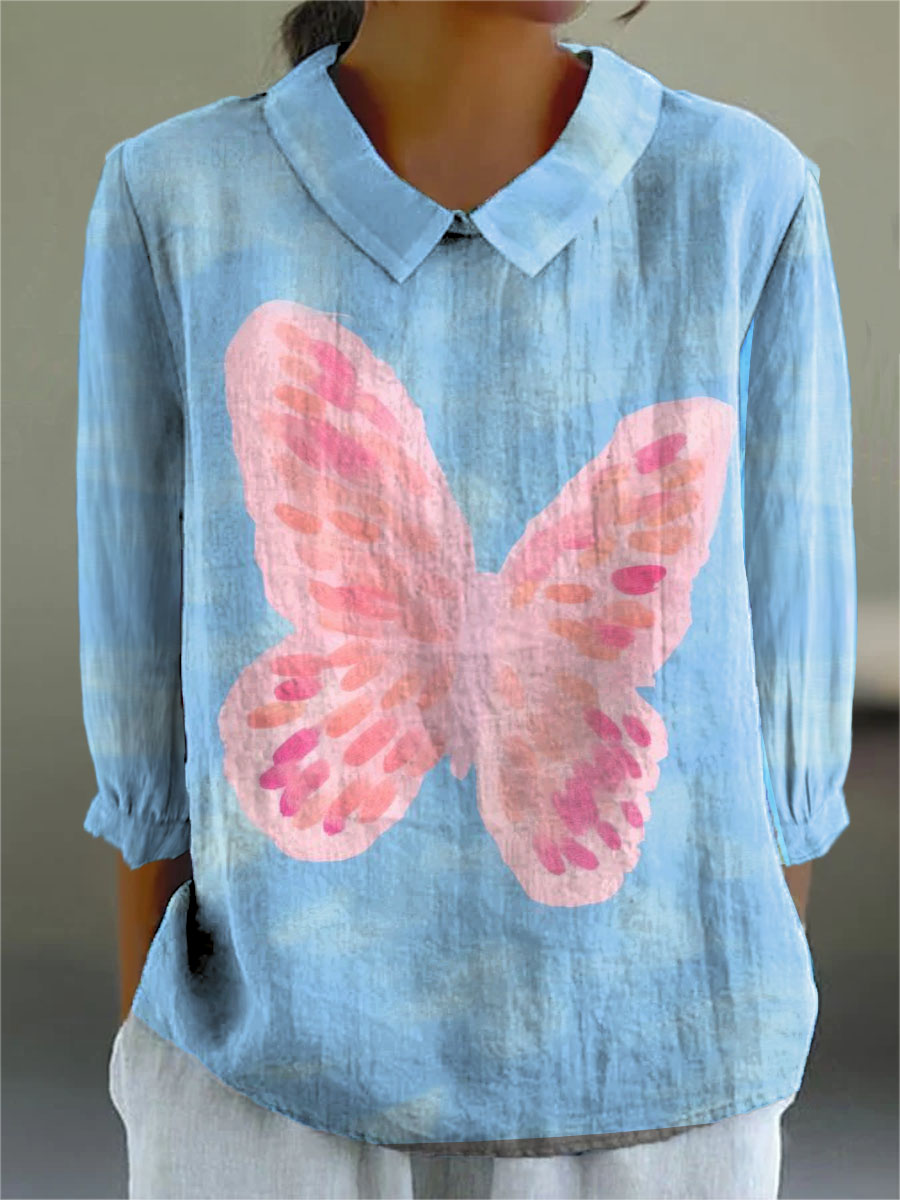 Women's Blue Butterfly Print Casual Cotton And Linen 3/4 Sleeve Shirt