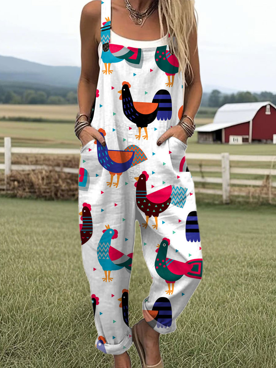 Women's  Funny Rooster Art Print Casual 100% Cotton Wide Leg Jumpsuit