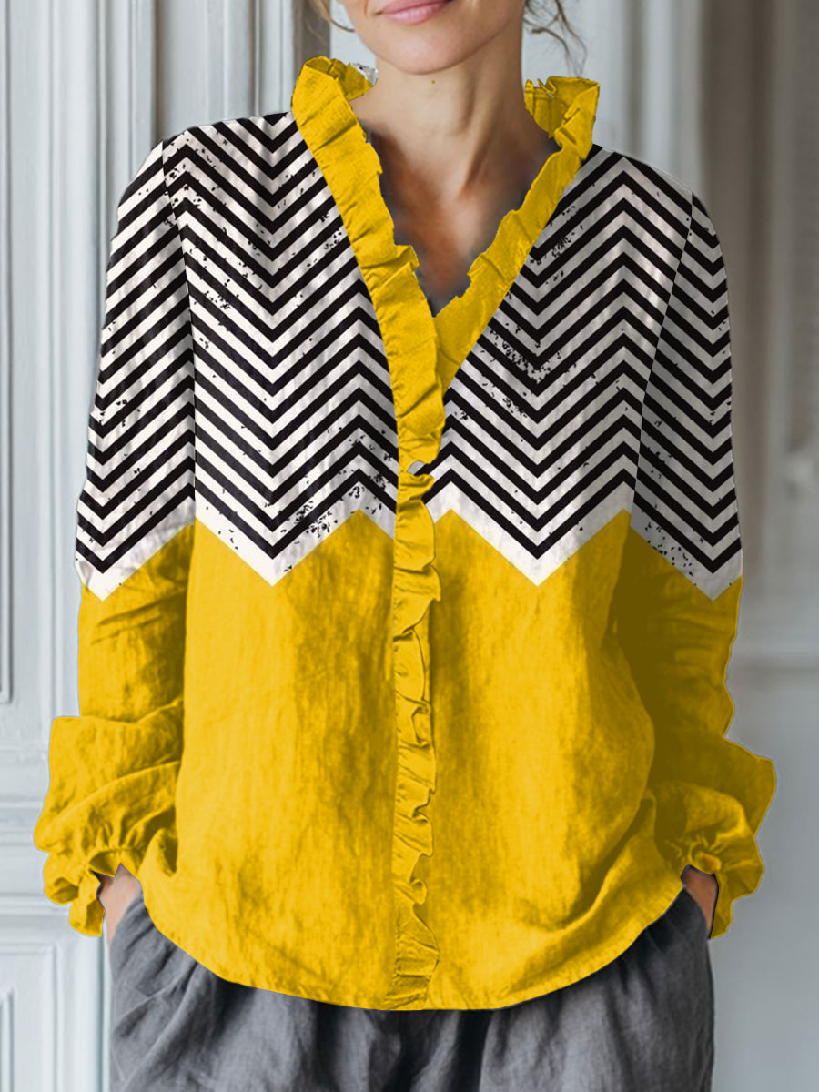 Women's Vintage  Abstract Geometry Art Print Casual Cotton And Linen Ruffle Shirt