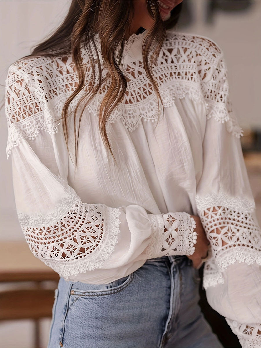 Women's Solid Color Crochet Openwork Bell Sleeve Shirt