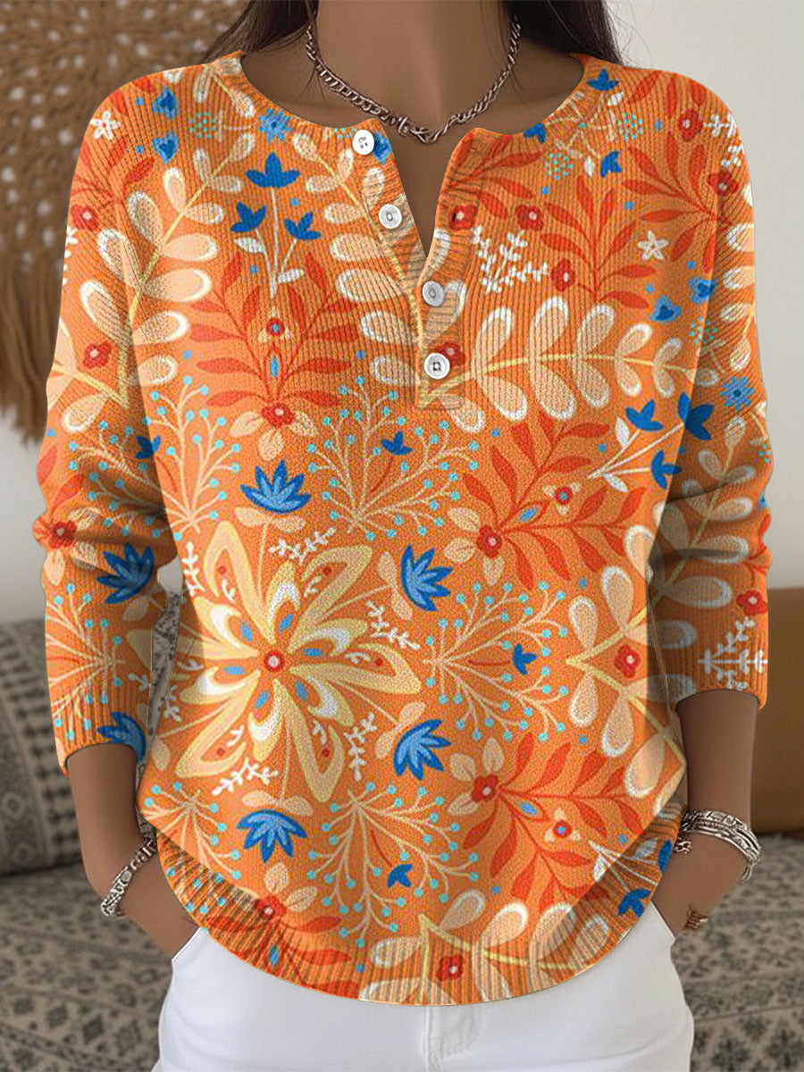 Women's Multicolor Flowers Pattern Art Print Buttoned Cardigan Sweater