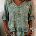Retro Floral Embroidered Ruffled V-neck Blouse