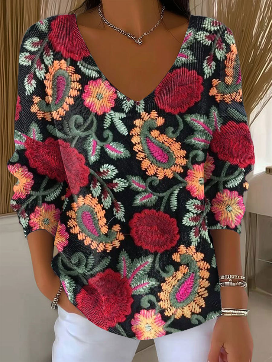 Women's Vintage Floral Art Print Casual Pullover Sweater