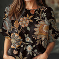 Women's Vintage Ethnic Art Flower Print Casual Crew Neck Short Sleeve Knitted Sweater