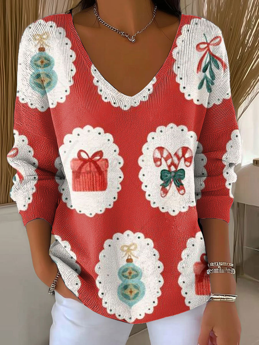 Women's Christmas Tree Gingerbread Pattern Print Casual Pullover Sweater