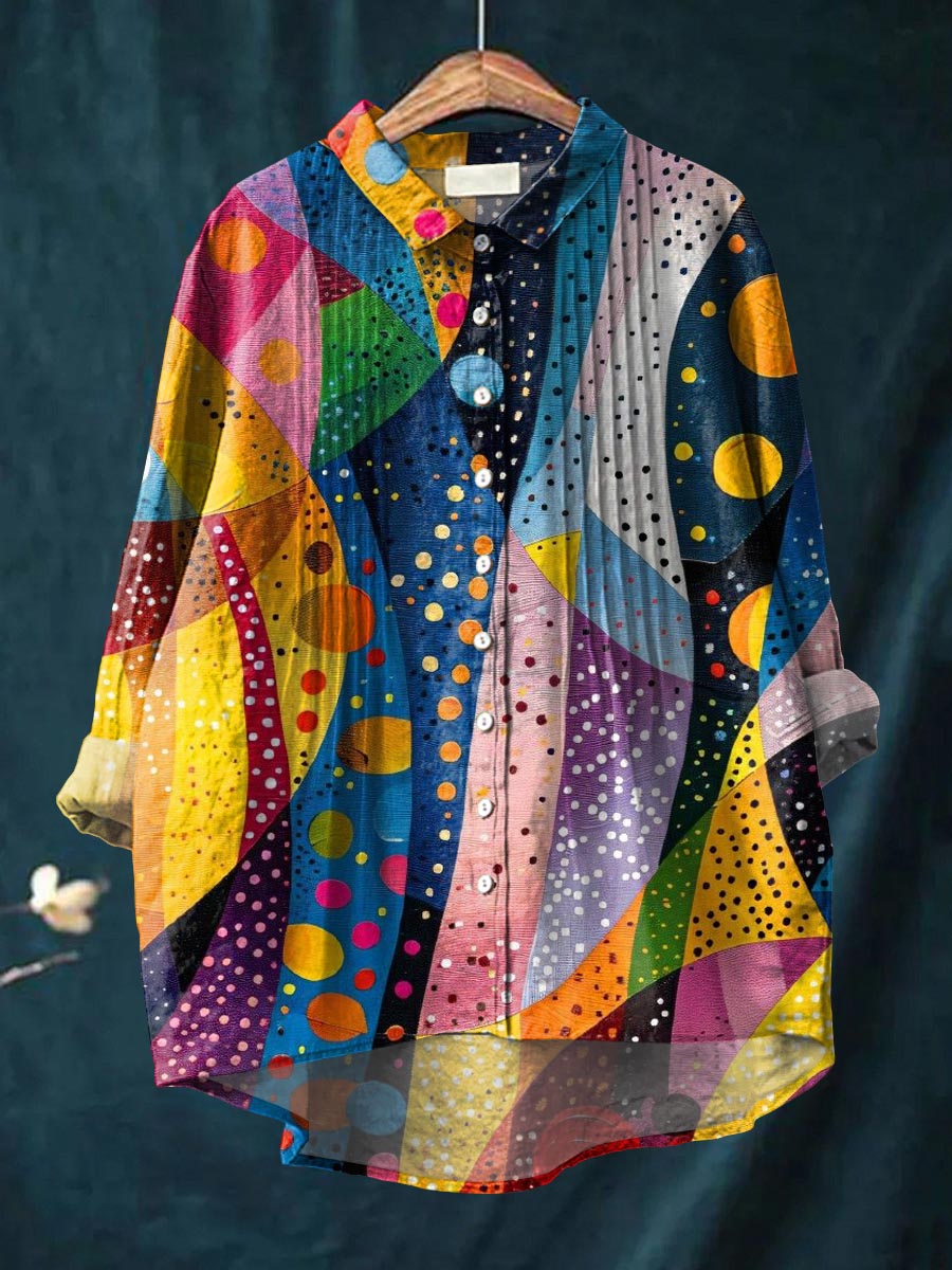 Women's Abstract Geometric Pattern Art Print Casual Cotton And Linen Ruffle Shirt