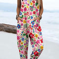 Women's Vintage Flower Art Print Casual 100% Cotton Wide Leg Jumpsuit