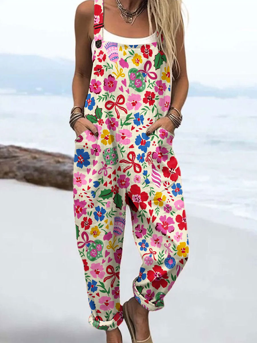 Women's Vintage Flower Art Print Casual 100% Cotton Wide Leg Jumpsuit