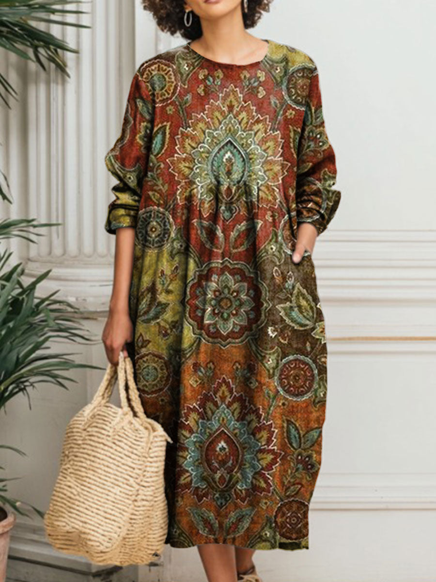 Women's Vintage Flower Art Print Pocket Cotton Dress