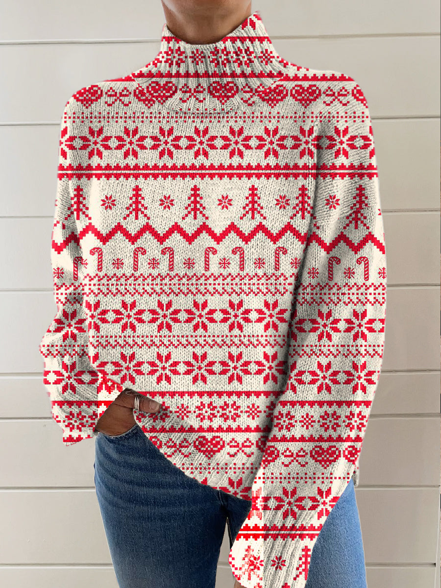 Christmas Striped Pattern Print Knit Turtleneck Pullover Sweater