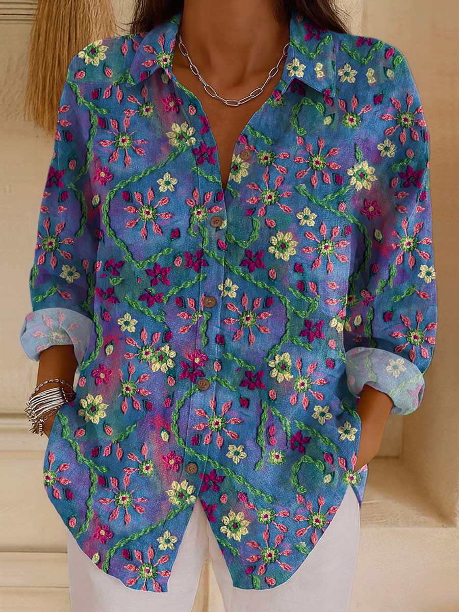 Women's Vintage Floral Pattern Art Print Casual Cotton Shirt