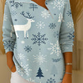 Women's Christmas Print Lapel Long Sleeve Casual Loose Pullover Sweater