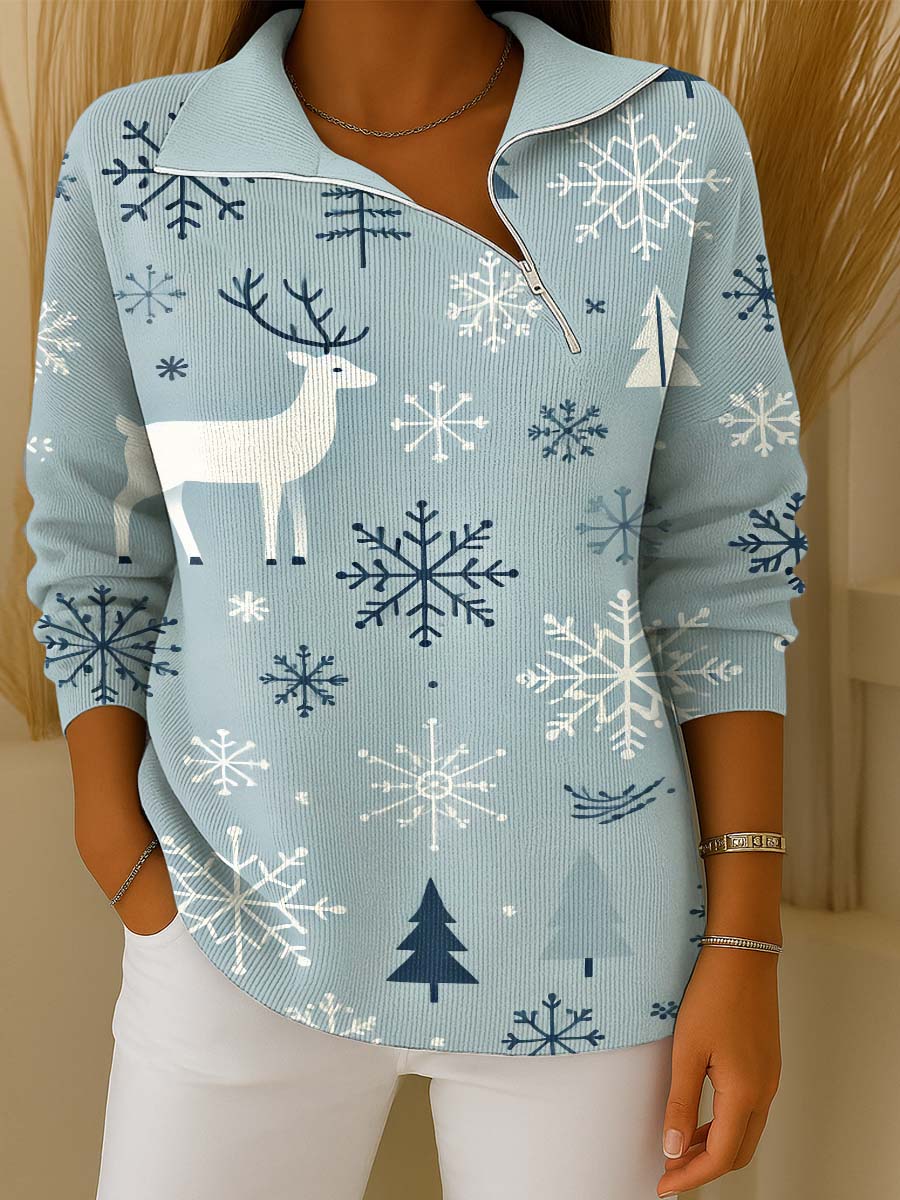 Women's Christmas Print Lapel Long Sleeve Casual Loose Pullover Sweater