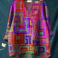 Colorful Geometric Square Pattern Printed Women's Casual Cotton And Linen V-Neck Shirt