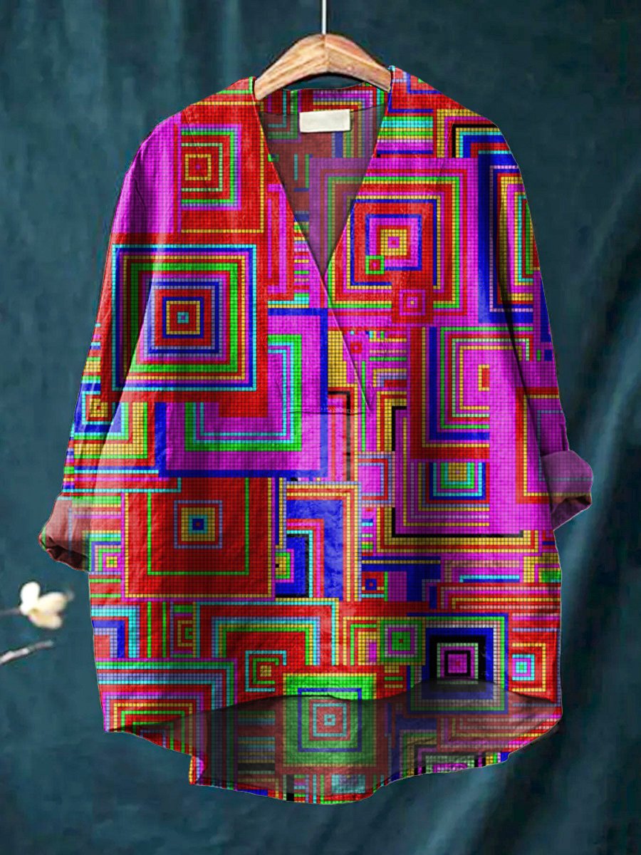 Colorful Geometric Square Pattern Printed Women's Casual Cotton And Linen V-Neck Shirt