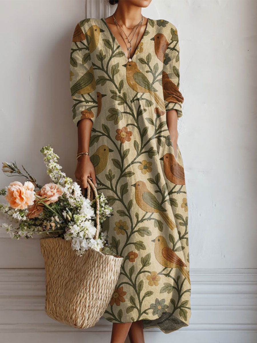 Women's Vintage Flower Art Print Linen Pocket Dress