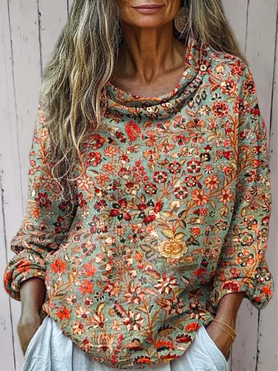Women's Vintage Floral Art Print Casual Long Sleeve Comfortable Cotton Shirt