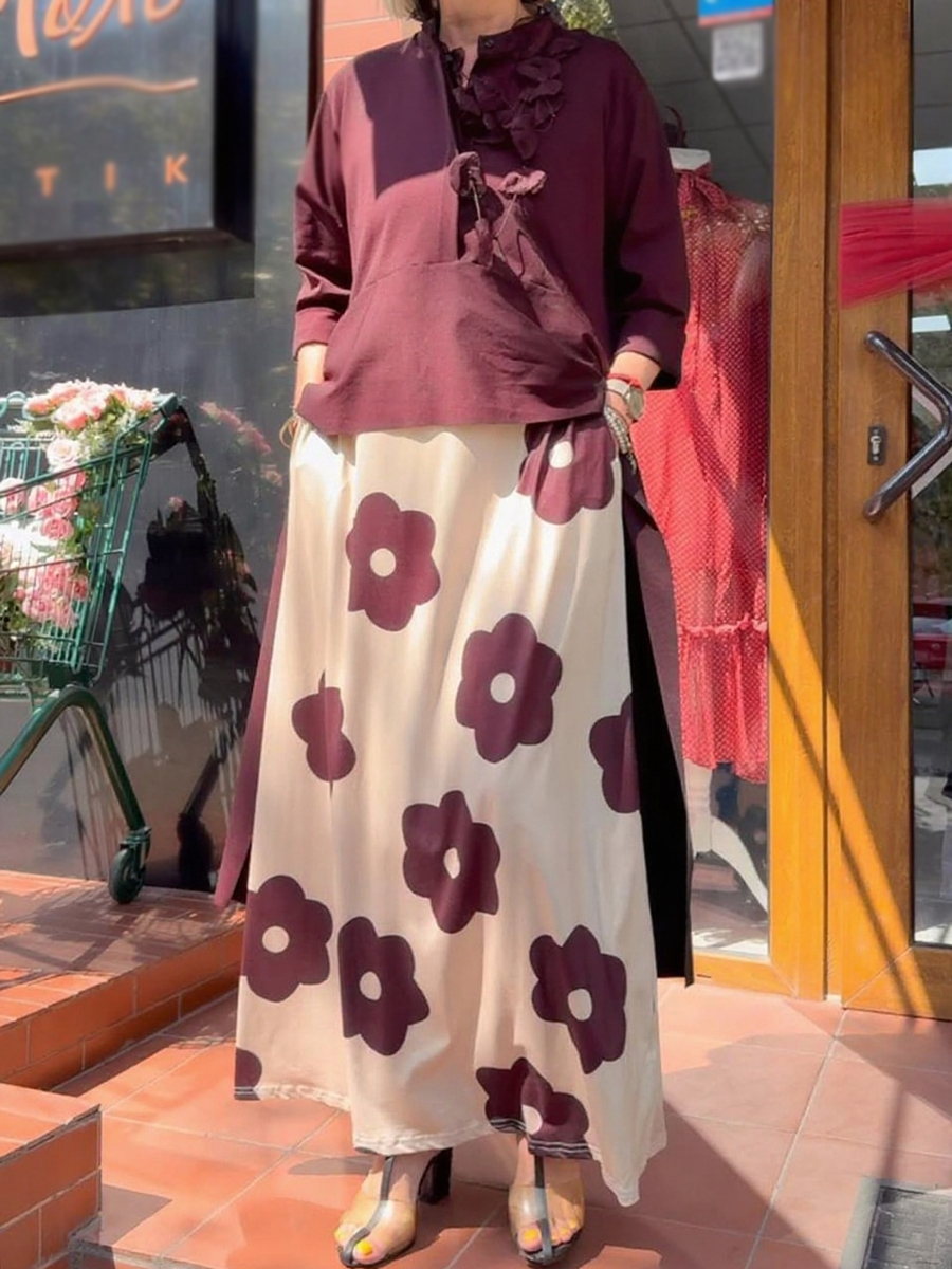 Irregular Hem Top and Floral Skirt Two-Piece Set