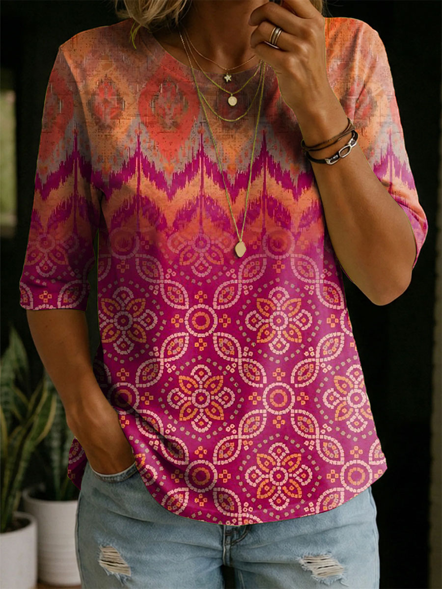 Women's Color Splicing Gradient Art Casual Loose Half Sleeve 100% Cotton T-shirt