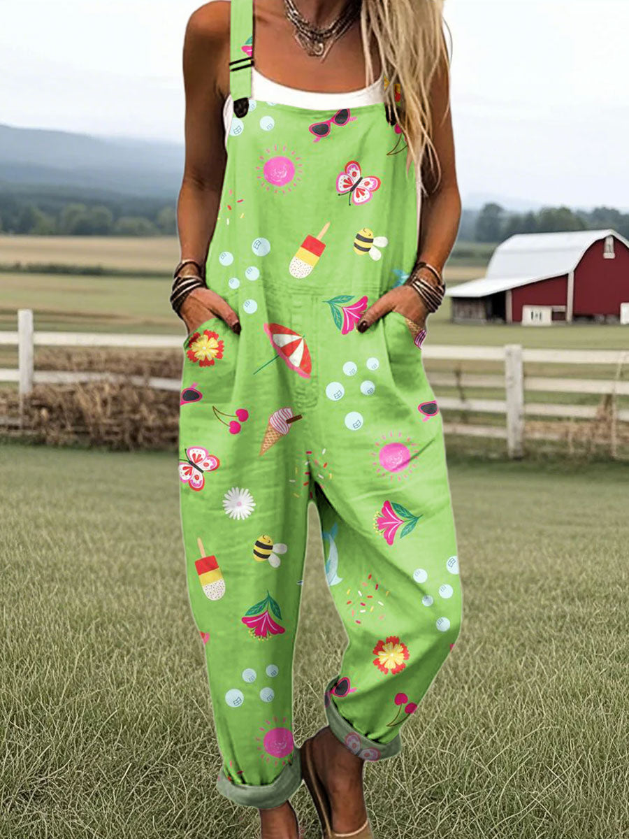 Women's Cute Summer Ice Cream Art Print Casual 100% Cotton Wide Leg Jumpsuit