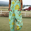 Women's Vintage Bee Art Print Casual 100% Cotton Wide Leg Jumpsuit