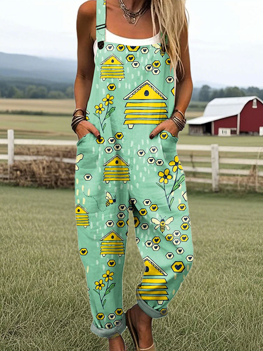 Women's Vintage Bee Art Print Casual 100% Cotton Wide Leg Jumpsuit