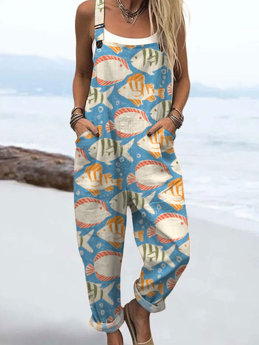 Women's  Retro Funny Fish Art Print Casual 100% Cotton Wide Leg Jumpsuit