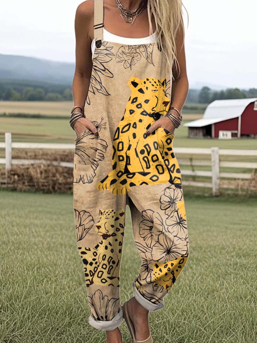 Women's Lovely Leopard Art Print Casual 100% Cotton Wide Leg Jumpsuit