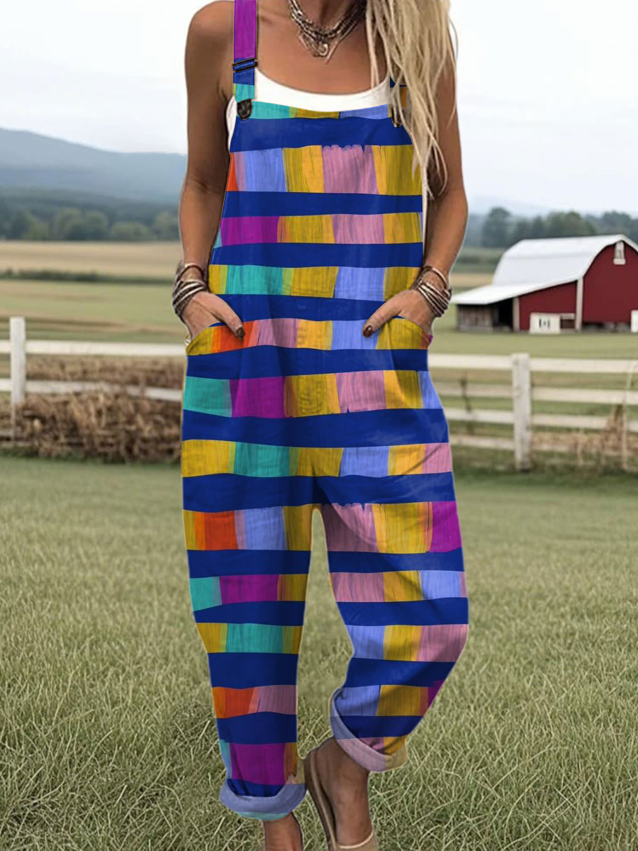 Women's Vintage Abstract Geometric Art Print Casual 100% Cotton Wide Leg Jumpsuit