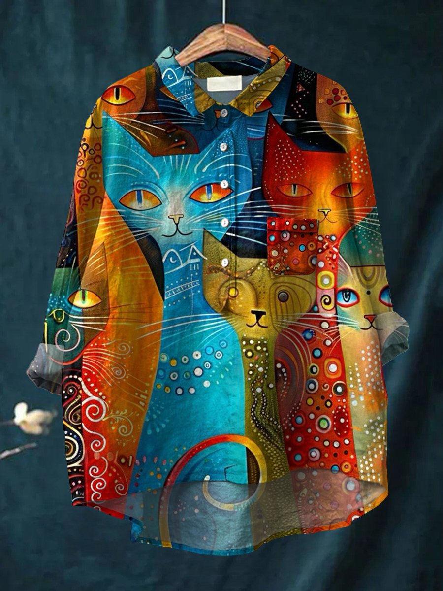 Women's Cat Print Casual Cotton And Linen Shirt
