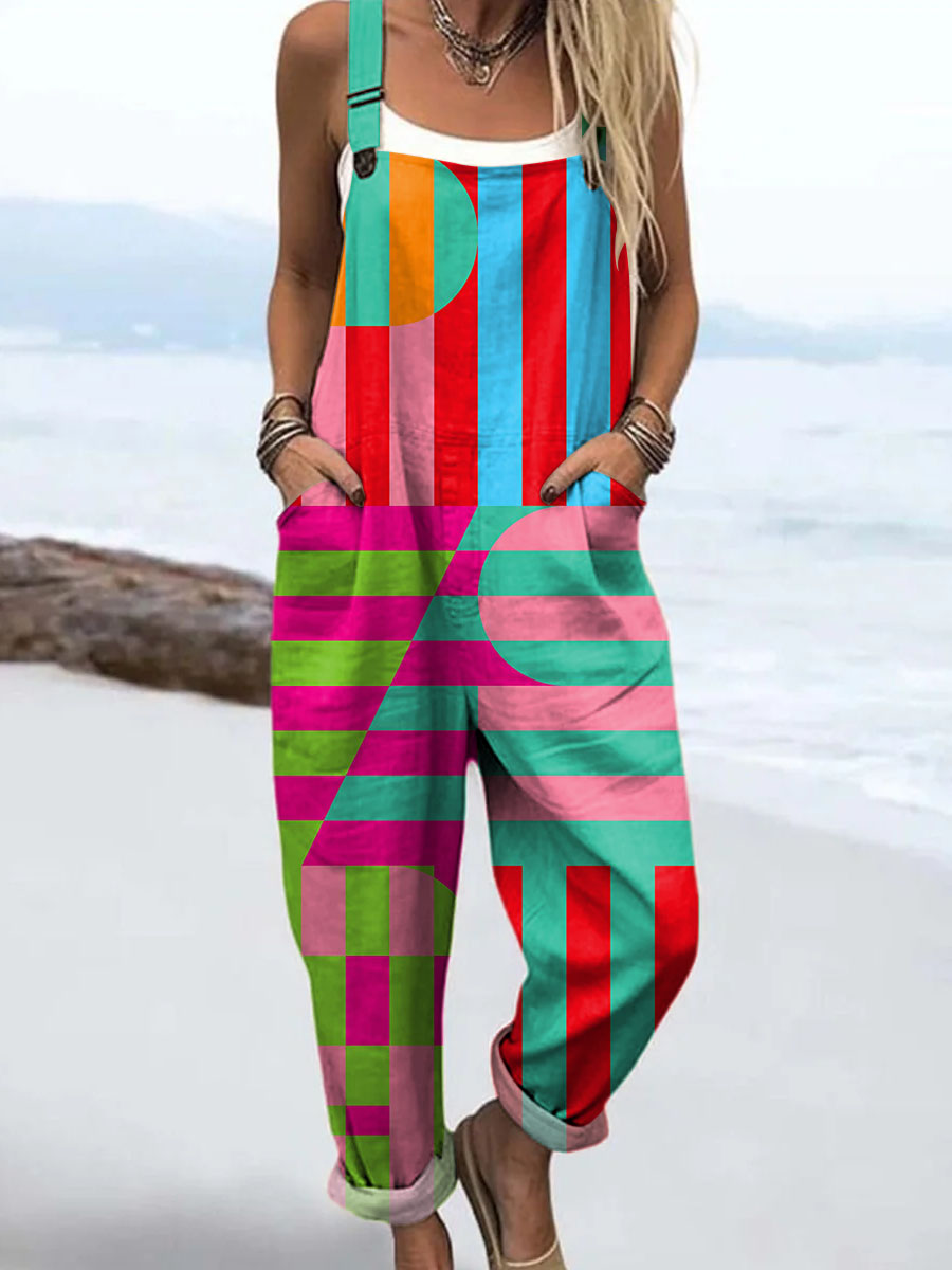 Women's Abstract Geometric Pattern Art Print Casual 100% Cotton Wide Leg Jumpsuit