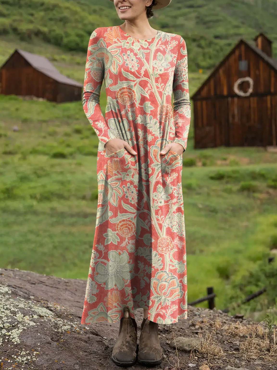 Women's Vintage Floral Art Print Casual Long-sleeved Dress