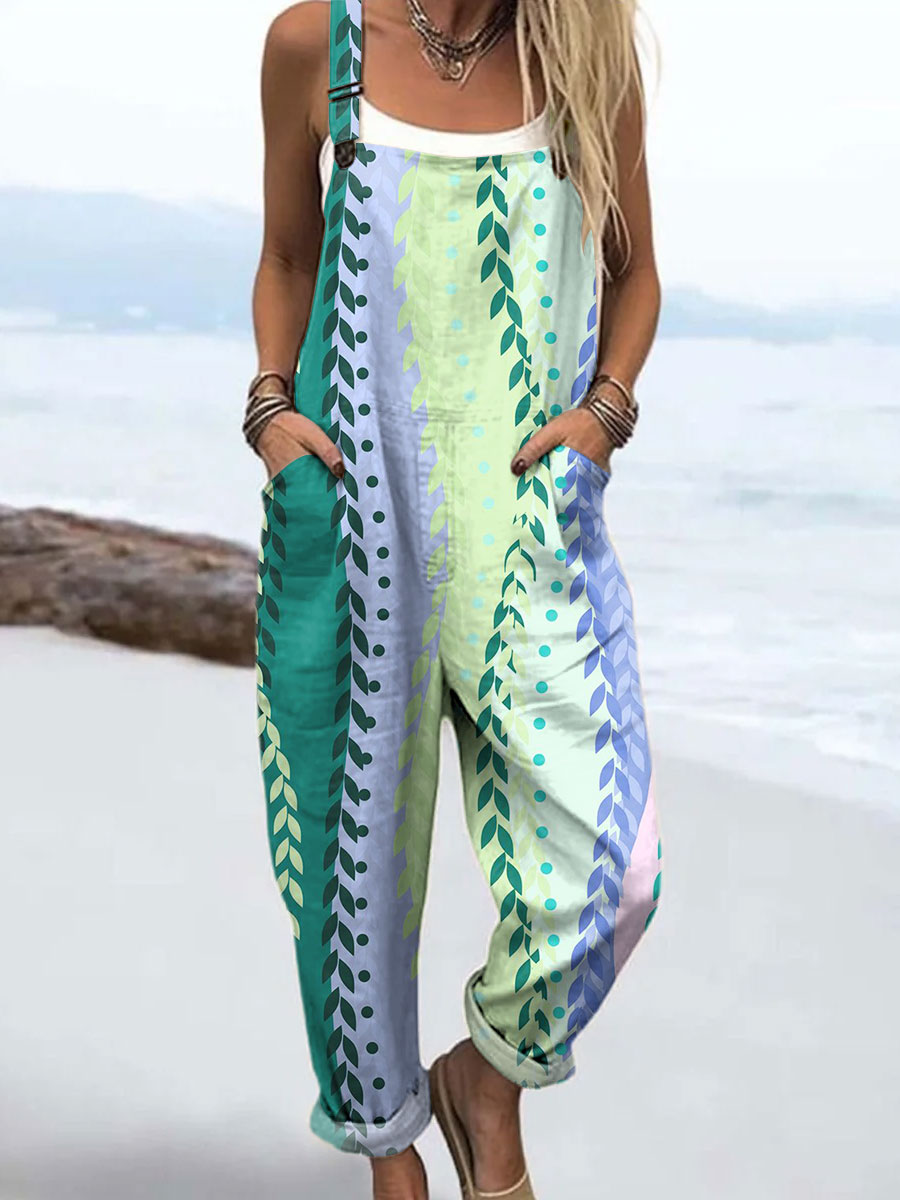 Women's Fashion Color Block Leaf Art Print Casual 100% Cotton Wide Leg Jumpsuit